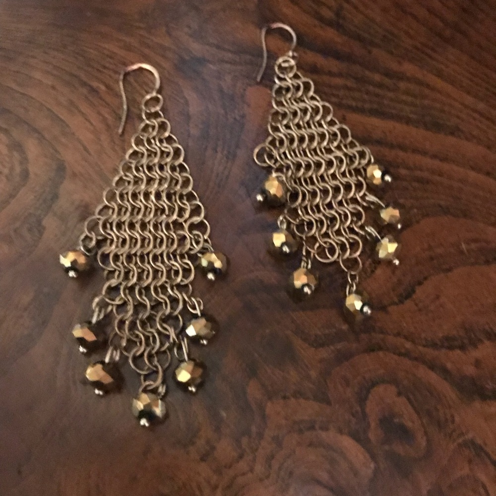 Gold Tone Mesh Earrings with Beads